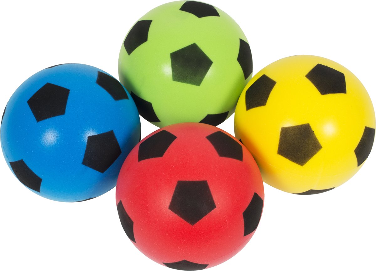 Vier Foamballen Voetbal | Handbal | Softy bal 12 cm Groen, Geel, Rood, Blauw